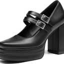 Coutgo Women's Platform Mary Jane Pumps Two Strap Square Toe Chunky Block Heel Sandals Party Shoes (6 1/2, Black)