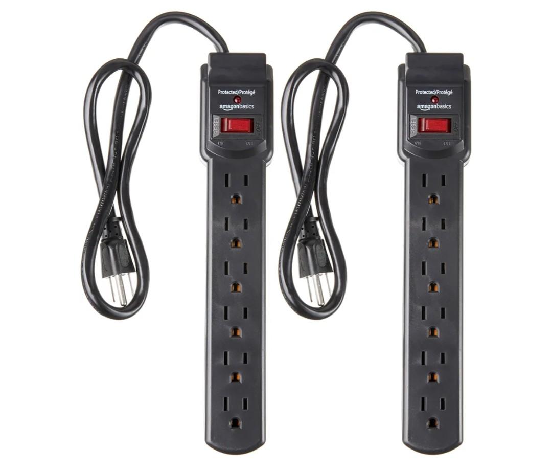 Amazon Basics 6-Outlet Surge Protector Power Strip with 200J Protection, Circuit Breaker, 2ft Extension Cord, Black, 2-Pack