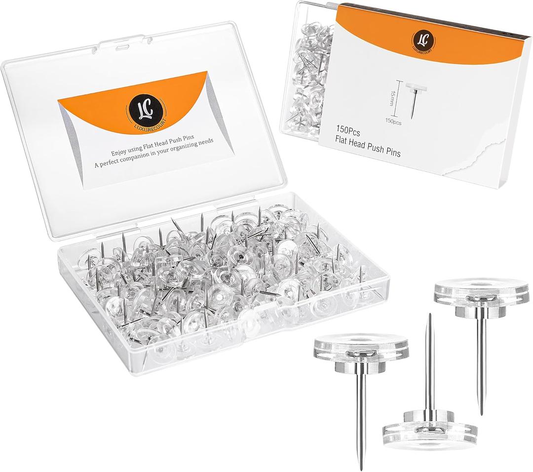 150 Pack Clear Push Pins Tacks by Luxurecourt, Flat Head Thumbtacks for Bulletin Board, Wall Hanging, Cork Board, Shadow Box, Heavy Duty Plastic Head with Steel Point in Reusable Storage Box