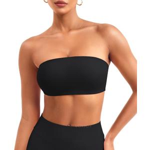 VOYJOY Women Strapless Bandeau Bra Wireless Padded Sports Bra Tube Top Seamless Stretchy Workout Bralette, XS