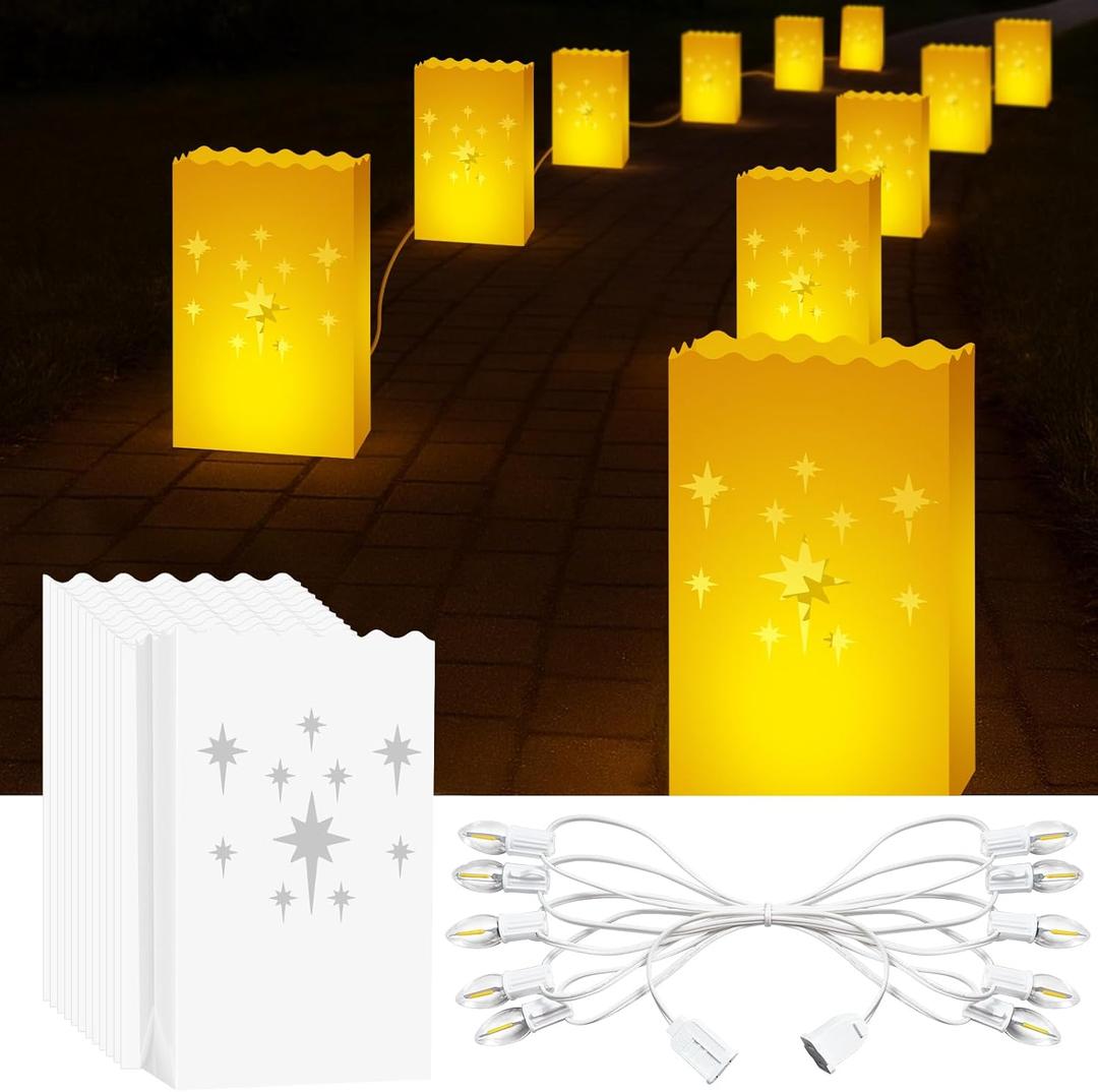 10 Pack Electric Star Luminary Bags with Plug-in Light Set  Waterproof Reusable Plastic Luminaries, Outdoor Pathway Decorations for Christmas, Weddings, Parties & Holiday Displays