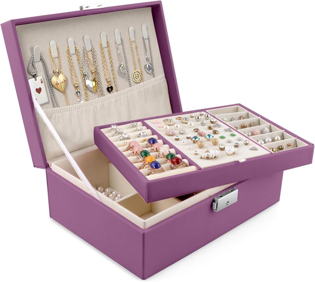 Homeanda Jewelry box 2 layer Jewelry box Leather Jewelry boxes for Women Girls Teens Jewelry organizer box Jewelry Storage box with lock(Purple)