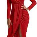 GOBLES Women's Sexy Long Sleeve V Neck Wrap Ruched Front Slit Midi Party Dress Red XL