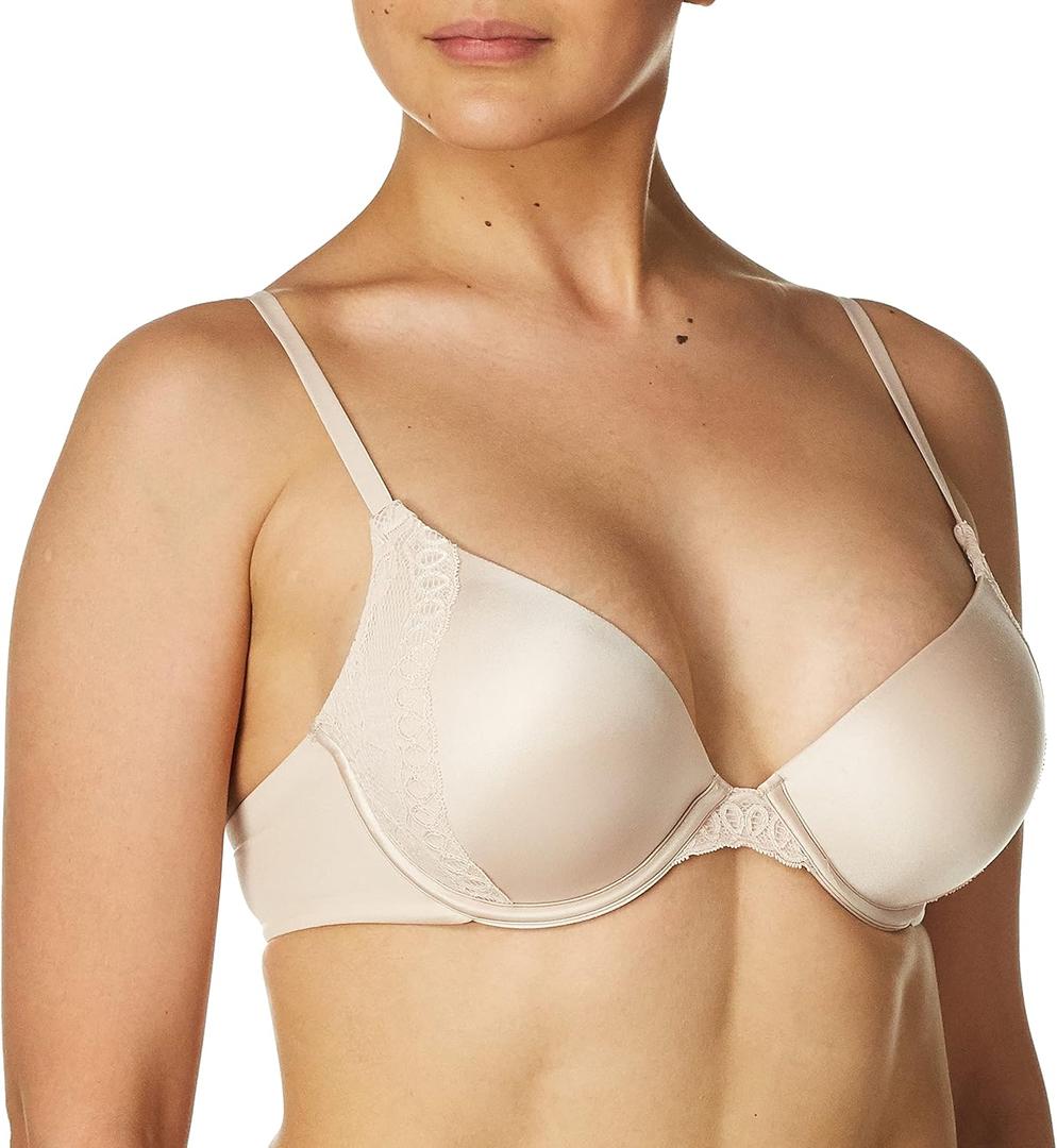 Maidenform Women's Underwire Bra, Natural Boost Demi Push-Up T-Shirt Bras for Women, Lace Trim, Convertible, Plunging (32C)