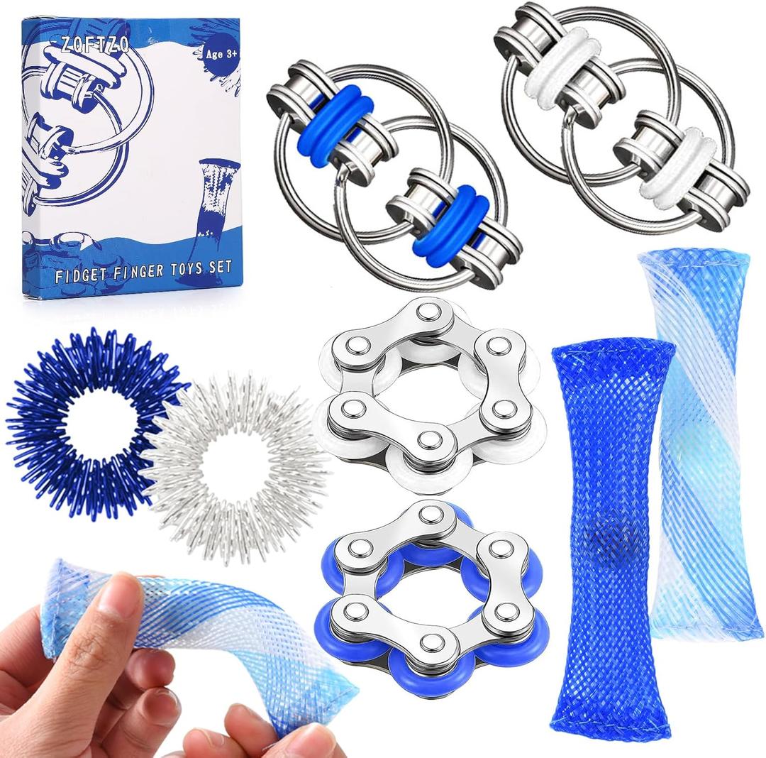 8 Pcs Sensory Fidget Toys Pack Flippy Roller Bike Chain Fidget Spinner Anxiety and Stress Relief Silent Tools Mesh Marble Acupressure Ring for Adults Teens Kids Boys Girls Easter Gifts (Blue)