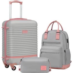 Coolife Suitcase Set 3 Piece Luggage Set Carry On Travel Luggage TSA Lock Spinner Wheels Hardshell Lightweight Luggage Set(Gray+Pink, 3 piece set (BP/TB/20))