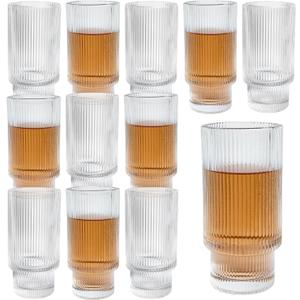 XKXKKE 12 oz Ribbed Drinking Glasses Set of 12, Clear Vintage Iced Coffee Cups Elegant Glassware, Highball Glass Cups Ridged Glass Tumbler for Cocktail, Whiskey, Beer, Water, Juice, Origami Style (Transparent)
