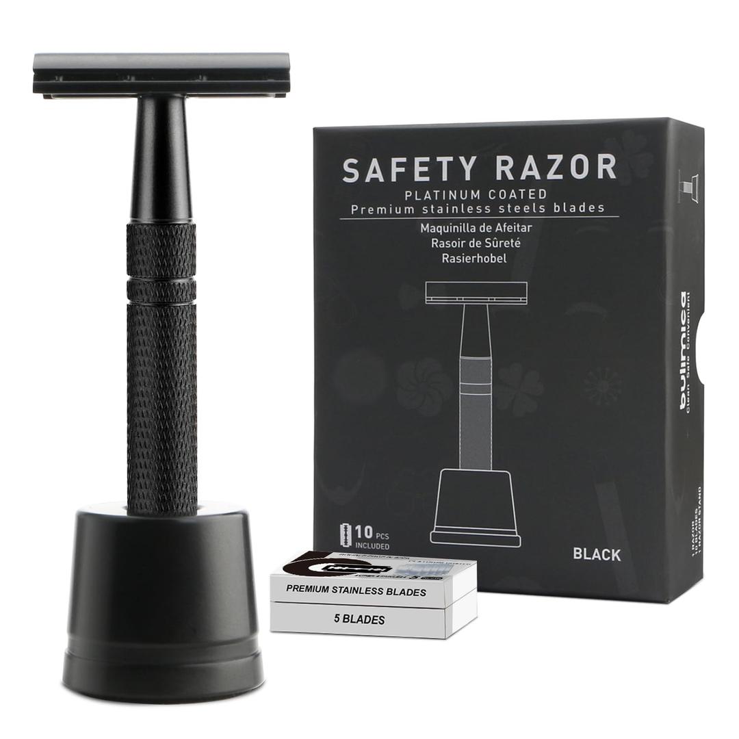 Double Edge Safety Razor with Stand, Single Blade Razors for Men and Women, Reusable Metal Razor, with 10 Stainless Steel Double Edge Blades, Smooth and Close Shave, Plastic Free, Matte Black