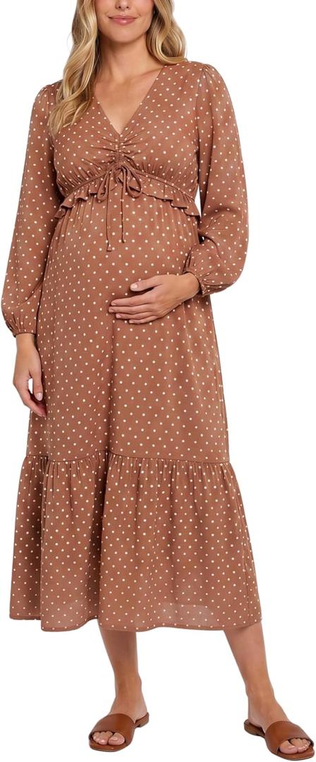 Motherhood Maternity Women's V-Neck Long Puff Sleeve Ruffle Midi Pregnancy Dress