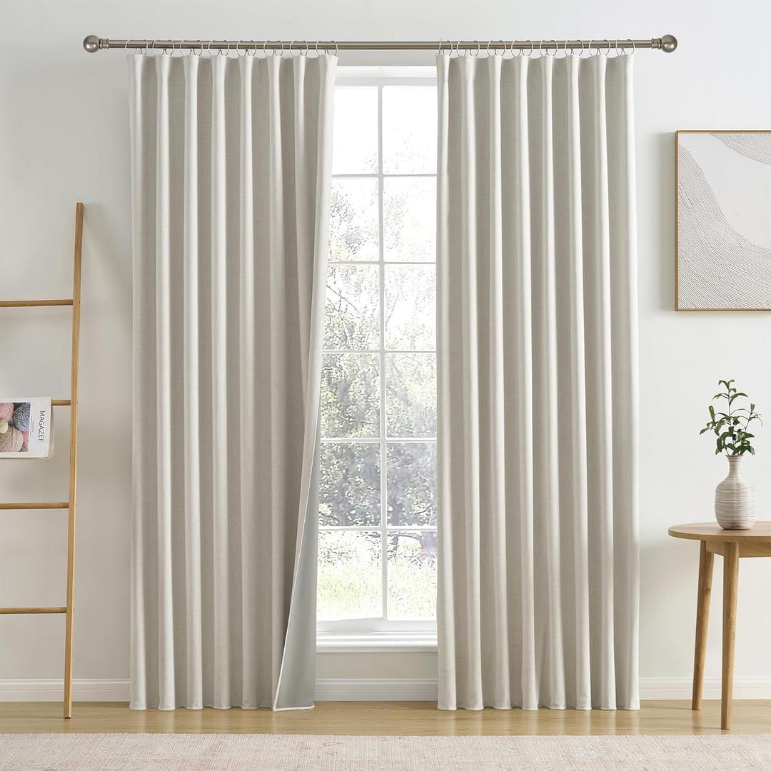 Natural Birch 90 Inch Long Extra Wide Linen Blackout Curtains for Large Windows, Back Tab Pleated Drapes with Hooks Track System Curtain Panels Room Divider Curtains for Patio Sliding Door 70 x 90