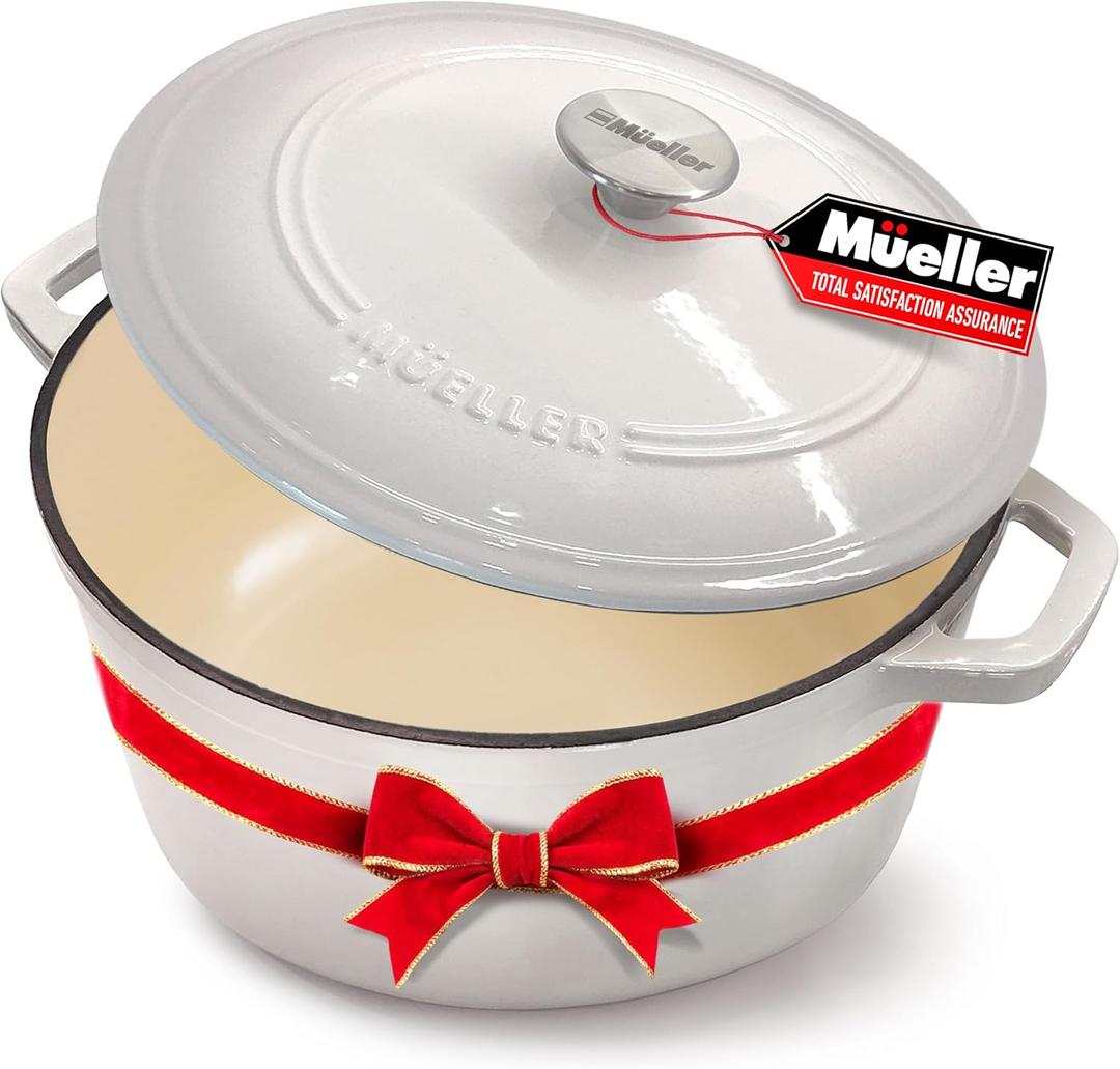 Mueller 6qt Enameled Cast Iron Dutch Oven, Heavy-Duty Casserole and Braiser Pan with Lid and Knob, Oven-Safe up to 500 F & Across All Cooktops, White (6 Quart -Round)