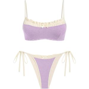 ZAFUL Swim Suits for Women 2026 Triangle Bowknot Bikini Sets Vintage Two Piece Bathing Suit Ladies Swimwear Purple Plaid S (S)