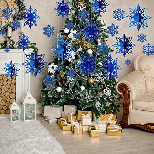 Outus 42 Pcs Winter Christmas Party Decorations 3D Snowflake Hanging Decoration Set 3D Hanging Snowflake Decor Pendant for Christmas Winter Party New Year Home(2 Inch, 3 Inch, 3.9 Inch,Blue)