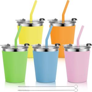 Stainless Steel Kids Cups with Lids and Straws Leakproof, 5 Pack 12oz Spill Proof Cup for Toddlers Kids Tumblers Unbreakable Sippy Cups with Straws for School, Outdoor (Multicolor) (Orange, Green, Light Blue, Pink, Yellow)