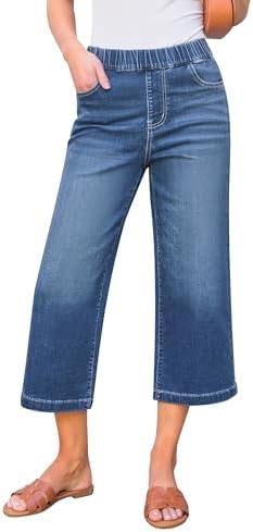 GRAPENT Capri Jeans for Women Wide Leg High Waisted Effortless Flow Pull On Stretchy Denim Elastic Waist Pants with Pockets, Size 2XL