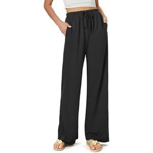 keriffe Summer Outfits Flowy Palazzo Pants for Women High Waisted Wide Leg Beach Casual Vacation Pants Trousers Pockets (Large, Black)
