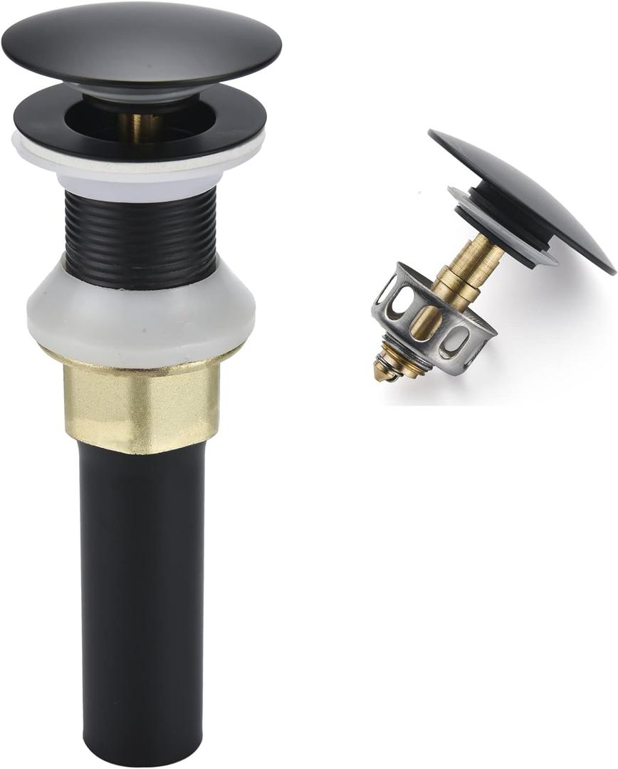 Rockgoya Bathroom Sink Drain, Drain Stopper Bathroom Sink Without Overflow, Pop Up Drain Assembly with Detachable Strainer Basket, Built-in Anti-Clogging Strainer, Stainless Steel Mattle Black