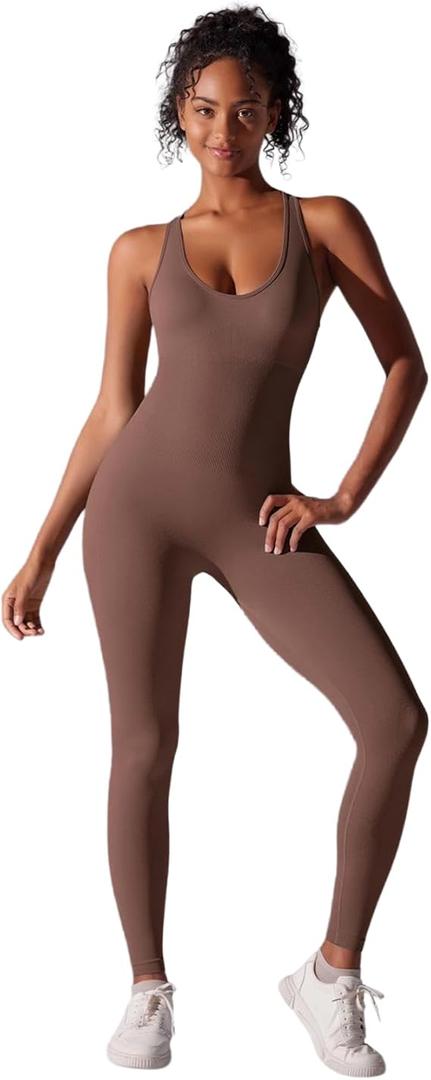 Sleek Seamless Womens Unitard Bodysuit Breathable Comfort for Yoga Fitness Running Cycling (Large, Brown)