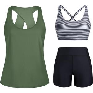 HUSKARY 3 Piece Tankini Swimsuits for Women Swim Tank Top with Bra and High Waist Boy Shorts with Pockets, 16W