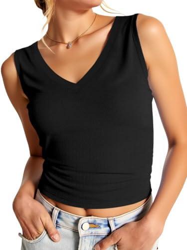 Imily Bela Womens Ribbed Tank Tops Summer Slim Fit V Neck Tops Casual Basic Knit Sleeveless Shirts, M