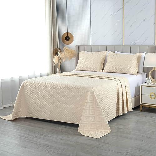 Oversized King Bedspreads 128x120 for Split Adjustable Bed or Extra Large/Tall Cal King or King Bed Lightweight Quilted Coverlet Sets 1 Quilt 2 Pillow Shams Beige