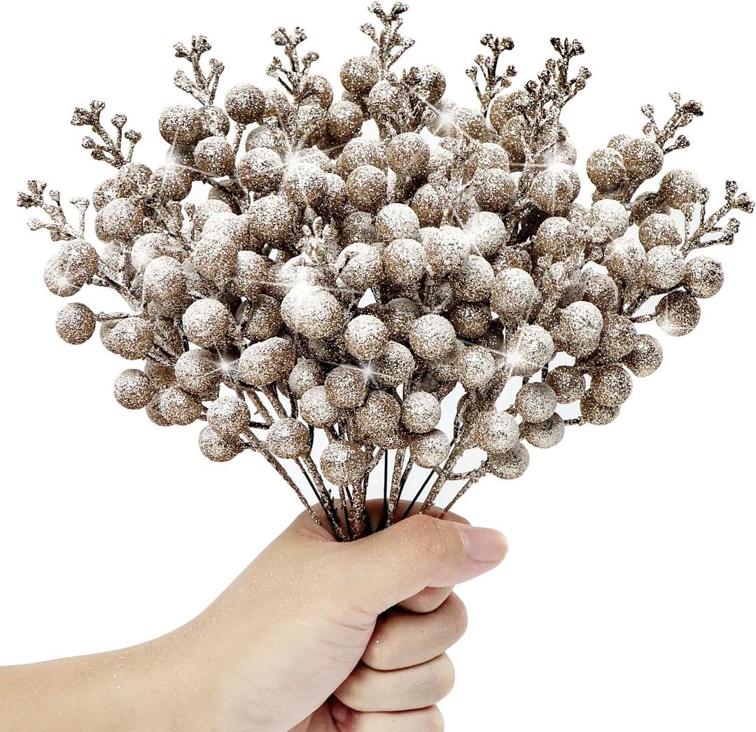 Pack of 16 Christmas Glitter Berries Stems, 8'' Artificial Snowy Berry Picks Sparkle Holly Berry Branches for DIY Crafts Wreath Making Christmas Tree Decoration New Year Holiday Home Decor (Champagne)