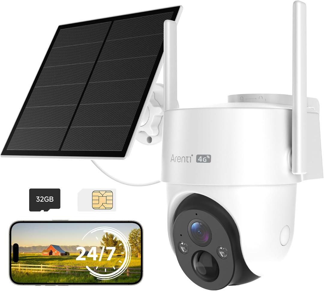 ARENTI 4G LTE Cellular Solar Security Camera Outdoor with AOV 24/7 Recording, 2K HD 10040mAh Battery 8W Solar Camera Outdoor Wireless 360 PTZ Motion Alerts Two-Way Audio IP65, Compatible with Alexa