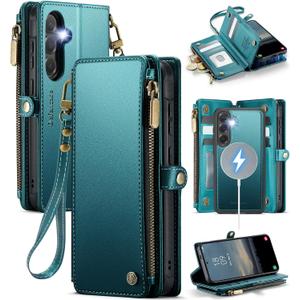 Defencase for Galaxy S25 Magnetic Wallet Case Compatible with Magsafe with RFID Blocking Zipper & Card Holder for Women Men, PU Leather Detachable Phone Case for Samsung Galaxy S25 6.2", Blue Green