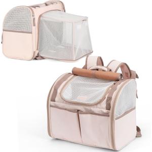 FUKUMARU Cat Backpack Carrier, Expandable Small Pet Carriers for Cats with 4 Pockets, Hiking Travel Carrier Bag for Small Animal, Airline Approved Cat Carrier with Rollable Cover for Nervous Cat, Pink