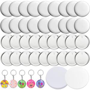 Milkary 250Pcs Button Maker Keychain Supplies, 50 Sets 58mm Metal Keychain Making Supplies for Button Maker Machine, Badge Sets with Metal Shell Back Cover Transparent Film Blank Paper Chain