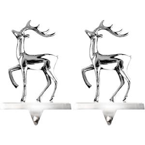 Klikel Reindeer Stocking Hanger Set of 2 - Shiny Silver Metal Christmas Stocking Holder For Fireplace Mantle - Heavy Duty, Left Facing