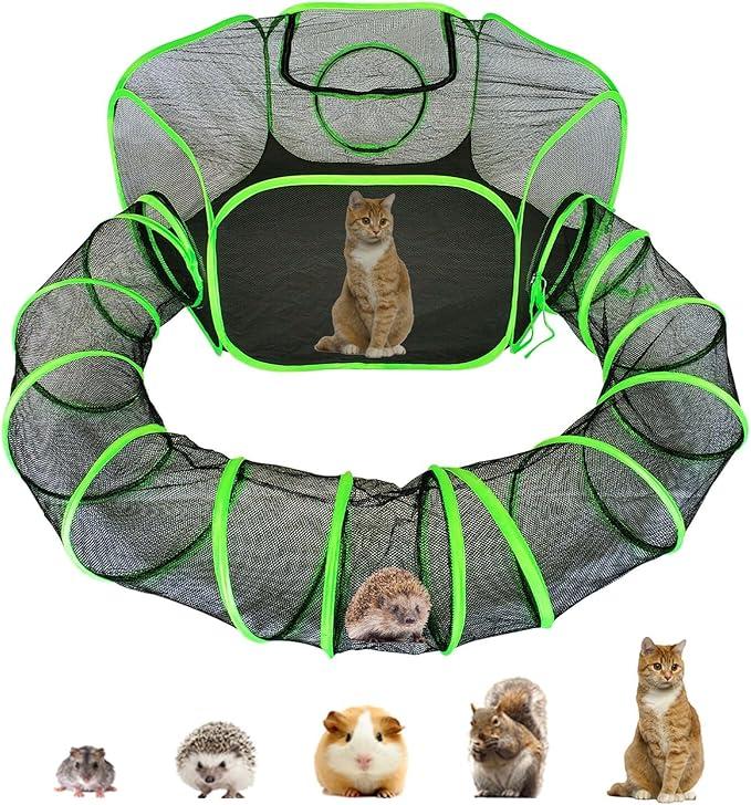 Small Animal Playpen Guinea Pig Hedgehog Cage Rabbit Cage with Fun Surround Tunnel Breathable & Transparent Pop Open Exercise Yard Fence with Top Cover Anti Escape