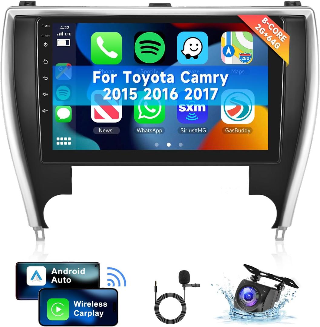 [8 CORE 2G+64G] Car Radio for Toyota Camry 2015 2016 2017 with Wireless Carplay/Android Auto, 10.1 Inch Android 13 IPS Touch Screen Car Stereo, Bluetooth, GPS, WiFi, SWC, DSP + Backup Camera