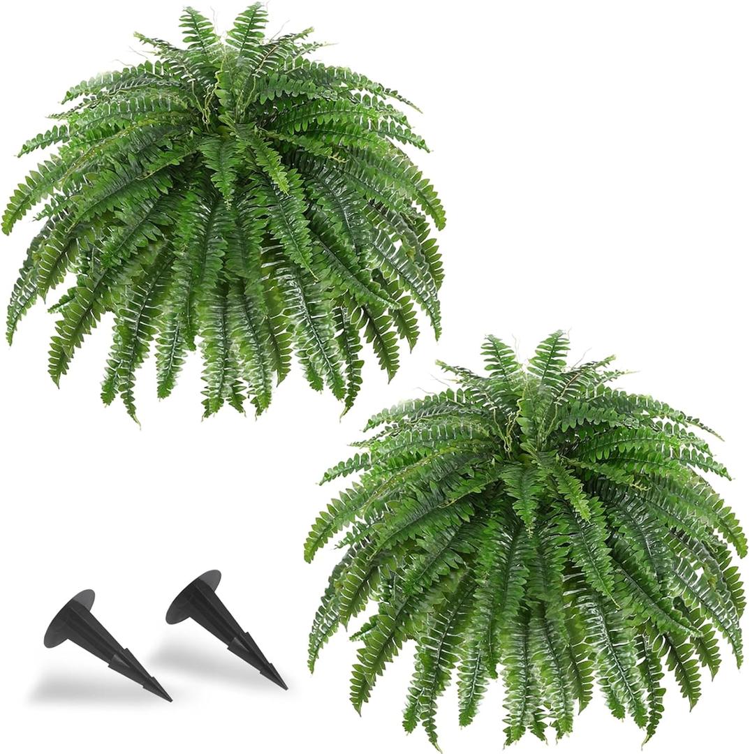2 Pcs 50" Artificial Ferns for Outdoors with 96 Fronds & Ground Spike