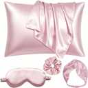Satin 5-Piece Pillow Cover Sleep Mask Set Silky Pillowcase Eye Mask Scrunchies Set Pillowslip Blindfold with Headband Eye Patch Gift Set for Men Women (Pink)