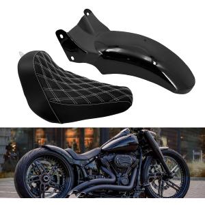 Motorcycle Rear Fender + Solo Seat Short Mudguard with Tail Turn Signal Brake Light Kit Fit for Harley Softail Fat Boy FXBRS 2018-2023 (White Thread)