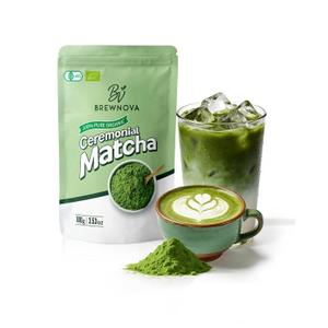 Brewnova Ceremonial Grade Matcha Powder - Premium Organic Shade-Grown Stone-Milled First Harvest Unsweetened Gluten-Free Vegan Green Tea for Matcha Latte, Teas & Recipes, 3.53oz Double-Seal Pack(100g) (EXP 10/25/27)