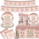 Sweet 16 Party Decorations Tableware,142pcs Rose Gold 16th Birthday Decorations for Girls Sweet 16 Plates and Napkins Tablecloth for Sweet Sixteen Decorations