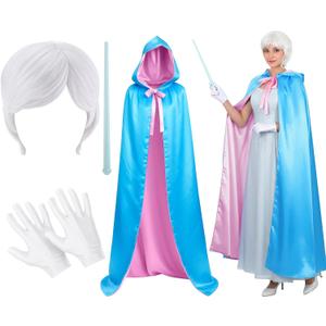 4 Pcs Adult Fairy Cosplay Princess Costume with Hooded Cloak Cape Wig Lighted Magic Wand Gloves Dress Up Party
