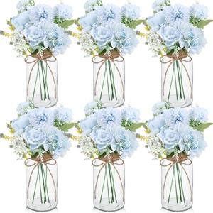 Zeyune 6 Set Mason Jar Centerpiece for Table, Artificial Hydrangeas Vintage Vases Centerpieces, Clear Flower Glasses Decor Gifts for Wedding, Home, Anniversary, Birthday Party(Blue)