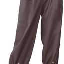 Women's Capri Pants High Waist Drawstring Cinch Bottom with Button Cotton Loose Casual Trouser with Pockets L