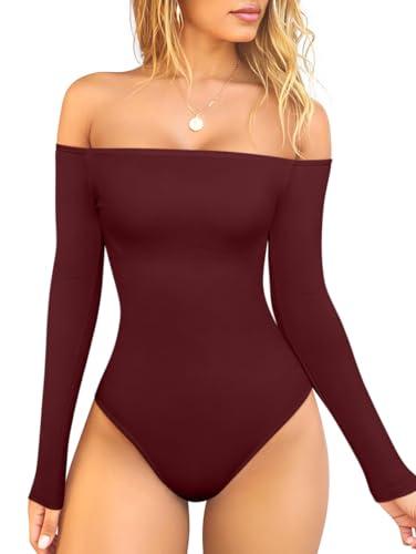 OQQ Bodysuits Womens Off-Shoulder Long Sleeve Seamless Shapewear Tops Darkred, Size M
