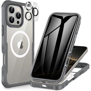 CENHUFO Magnetic Privacy for iPhone 16 Pro Max Case [Compatible with Magsafe] Full Body Phone Case Built-in 9H Tempered Glass Privacy Screen Protector Camera Lens Protector, Shockproof Cover - Gray (Grey)