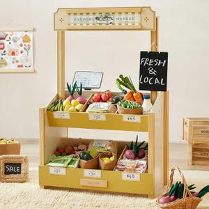 Tiny Land Wooden Play Store Pretend Farmers Market & Coffee Shop with Cash Register, DIY Price Tags, Chalkboard, Pretend Grocery Store Role Play Toy for Toddlers, Child-size