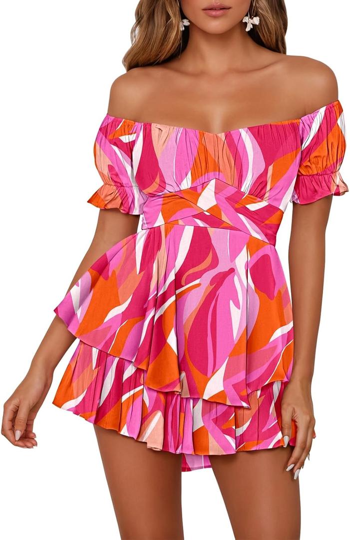 Fixmatti Women's Color Block Romper Off The Shoulder Short Sleeve Ruffle Jumpsuits Playsuit (Large, Pitaya)