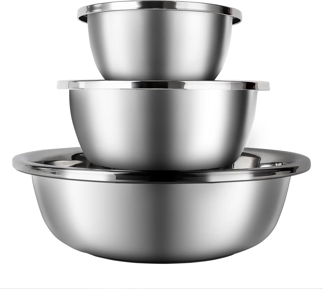 3-Piece Metal Mixing Bowl Set, Stainless Steel, Nesting | 1.3, 3.5 and 7.4 qt sizes with wide rolled rims, flat bases and deep bowls for baking, dough and salad prep