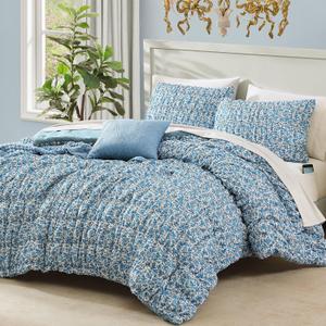 Queen Comforter Set - 7 Pieces Blue Classic Puff Floral Bedding Sets for All Seasons, Shabby Chic Farmhouse Bed in a Bag Queen with Wildflowers Fluffy Comforter, Sheets, Pillowcases & Shams
