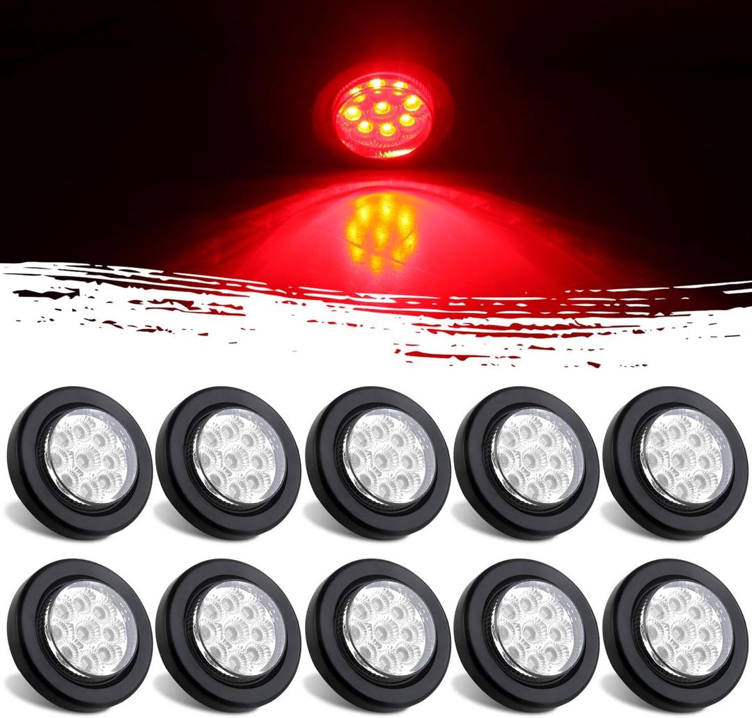 10Pcs 2" Inch Round Red Led Trailer Side Marker Clearance Lights Kit Clear Lens 9 LED Reflectors w/Rubber Lights Grommets and 2 Prong Wire Pigtails Sealed Waterproof Marker Lights for Trucks 12V