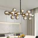 16 Lights Mid Century Modern Chandelier Black Linear Chandelier Light Fixtures Glass Globe Sputnik Pendant Light for Dining Room Kitchen Island (Smoke Gray Lampshade)