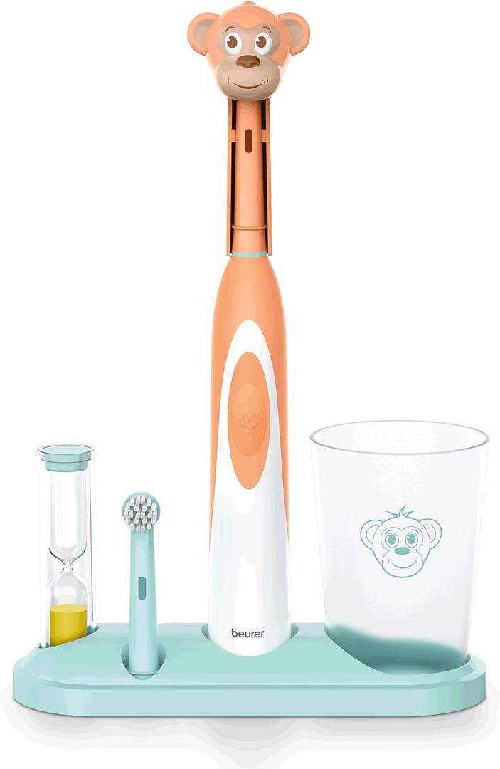 Beurer TB10 Kids Electric Toothbrush Kit - Fun Milo The Monkey Cap with 2 Extra-Soft Brush Heads to Help Remove Plaque, 2 Minute Timer, and Rinse Cup, BPA-Free, Safe for Ages 3+